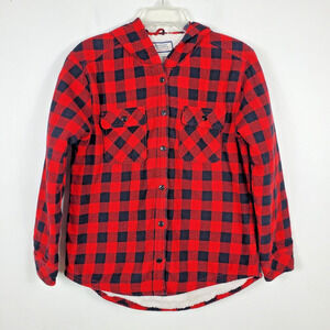 Boston Traders Womens Plaid Flannel Sherpa Lined Shacket Shirt Hoodie Red Sz M